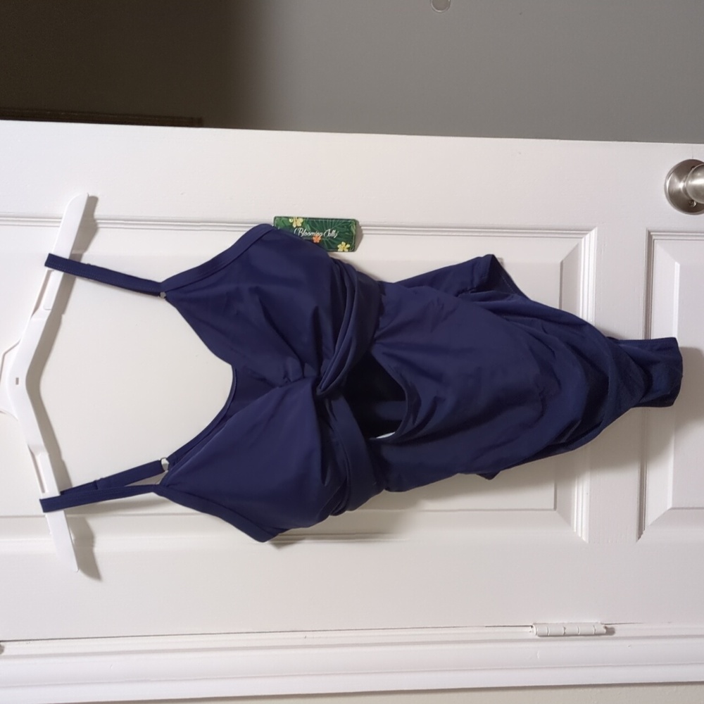 Dark Blue Tummy Control Swimsuit With Cut Out And Ruched Sides - Picture 4 of 7